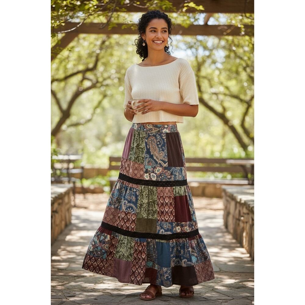 NWT Earthbound Trading Co Velvet Patchwork Boho Maxi Skirt Tiered S M